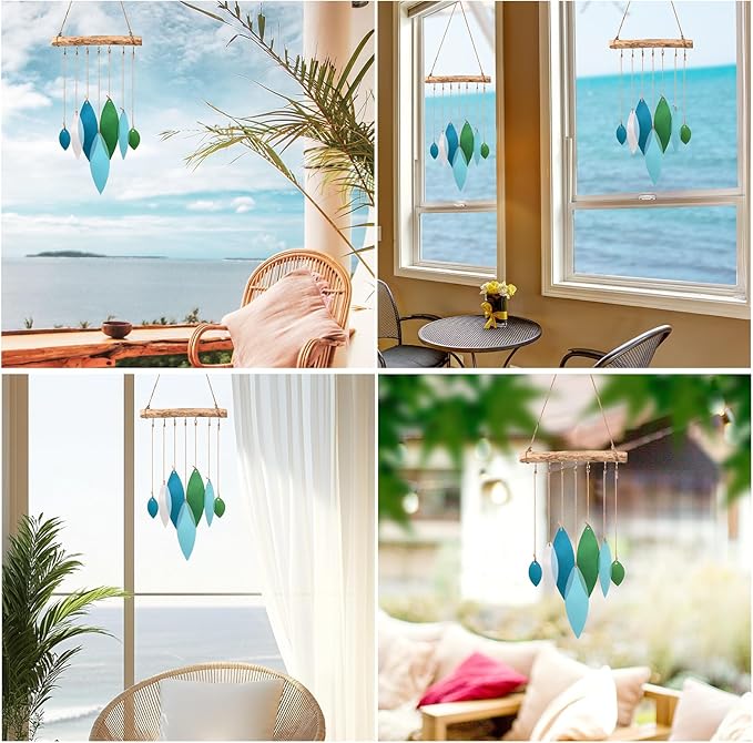 Sea Glass Wind Chimes Art Decor - Stained Glass Suncatcher Window Hanging, Driftwood Hand Crafted Design Beach Wind Chimes - Patio Garden Yard Decor Home Decor (Blue & Green)
