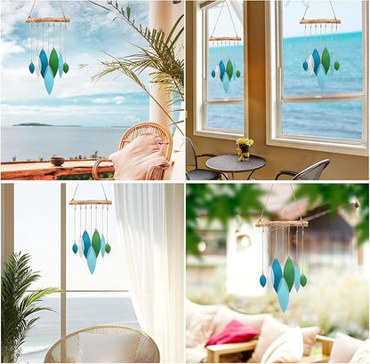 Sea Glass Wind Chimes Art Decor - Stained Glass Suncatcher Window Hanging, Driftwood Hand Crafted Design Beach Wind Chimes - Patio Garden Yard Decor Home Decor (Blue & Green)