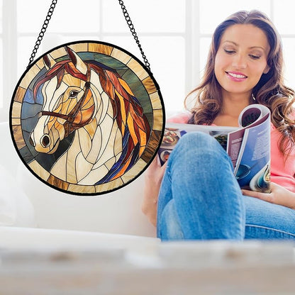DASTOLL Stained Glass Window Hanging, Animal Horse Colored Mane Sun Catchers Glass Panel Cool Suncatcher Decor for Birthday for Women, Men, Wife, Aunt, and Mom 14.9x14.9 in