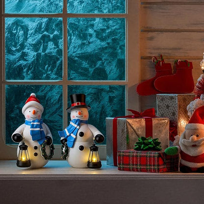 Suzile 2 Pack Solar Snowman Statue Winter Decoration 9.4 Inch Resin Garden Winter Statue with Lantern Lights Outside Snowman Figurine for Pathway Courtyard Lawn Patio Porch Indoor Home Decor
