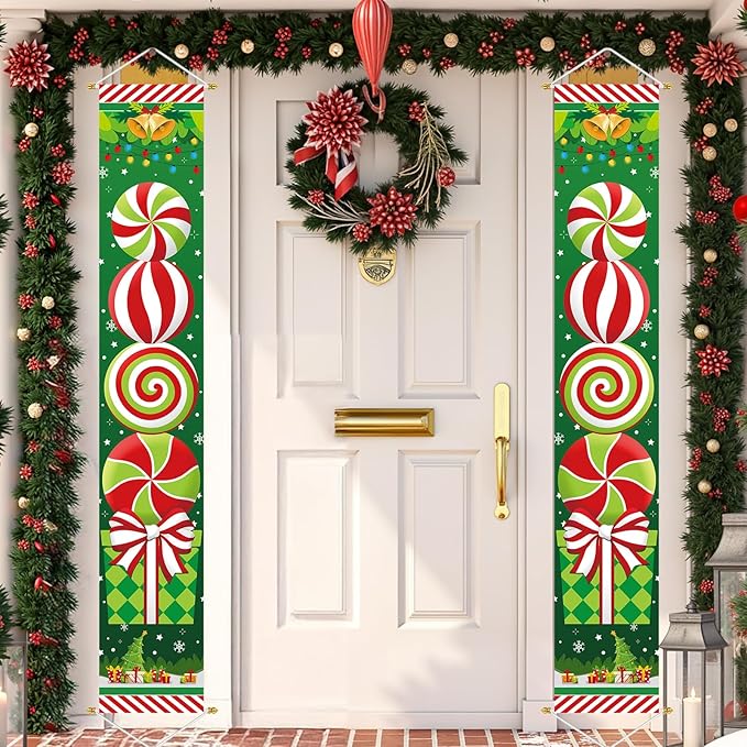 Ivenf Christmas Decorations Outdoor Yard: Large Peppermint Giftbox Front Porch Sign Set, Hanging Red Green White Door Banner Xmas Decorations for Home Wall Front Door Yard Garage Indoor Outdoor Decor