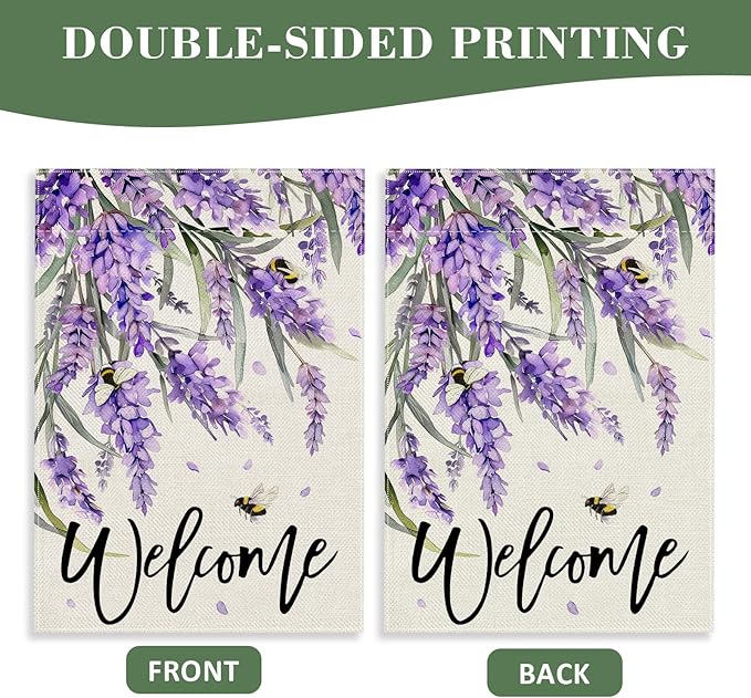 Welcome Spring Lavender Decorative Garden Flag, Purple Floral Flowers Bee Yard Outside Decorations, Summer Farmhouse Outdoor Small Home Decor Double Sided 12 x 18