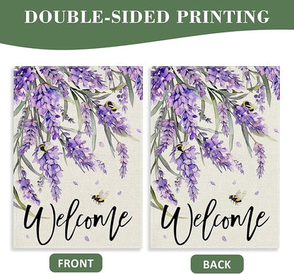 Welcome Spring Lavender Decorative Garden Flag, Purple Floral Flowers Bee Yard Outside Decorations, Summer Farmhouse Outdoor Small Home Decor Double Sided 12 x 18