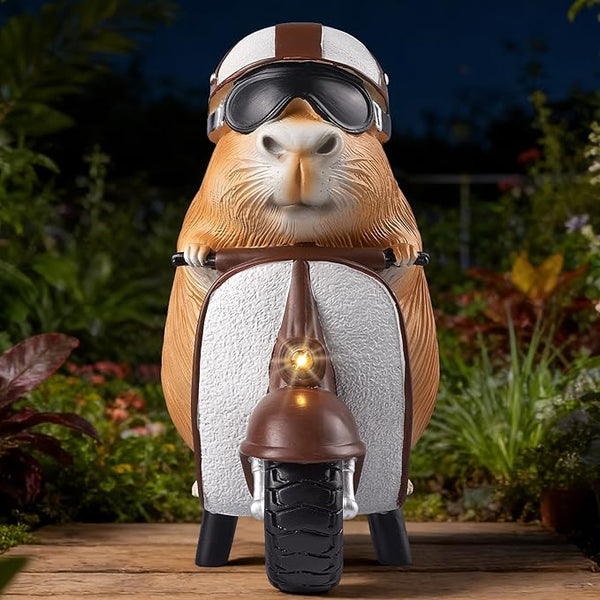 Capybara Solar Outdoor Figurine Light, Capybara Riding Motorcycle Garden Statue with LED Headlight, Waterproof Solar Powered Lawn Decor for Yard Patio Porch, 8.6” x 4.7” x 9.4”