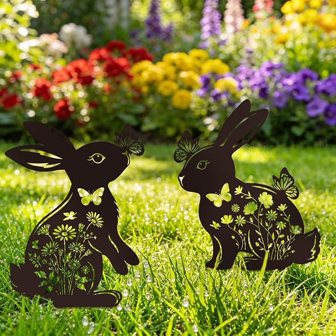 Bunny Garden Decor for Outside - 2 Pcs Rabbit Statue Metal Yard Art Stakes Lawn Patio Pathway Pot Decoration Black Silhouette Sculpture Easter Birthday Gifts for Women Girls Mom Grandma