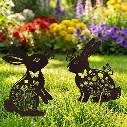 Bunny Garden Decor for Outside - 2 Pcs Rabbit Statue Metal Yard Art Stakes Lawn Patio Pathway Pot Decoration Black Silhouette Sculpture Easter Birthday Gifts for Women Girls Mom Grandma