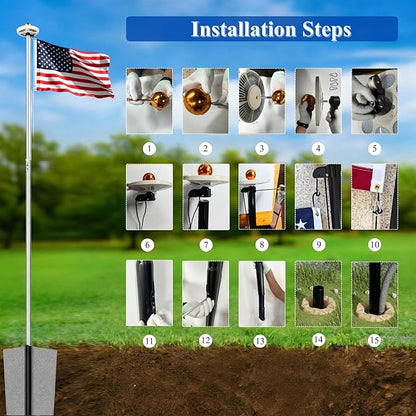 PHITRIC 11 Gauge Heavy Duty Flag Pole Kit with Solar Light, 25FT Extra Thick Aluminum Flagpole for Outside in Ground, Hardware Flagpole Set with 3x5 American Flag, 120 MPH Wind Resistant