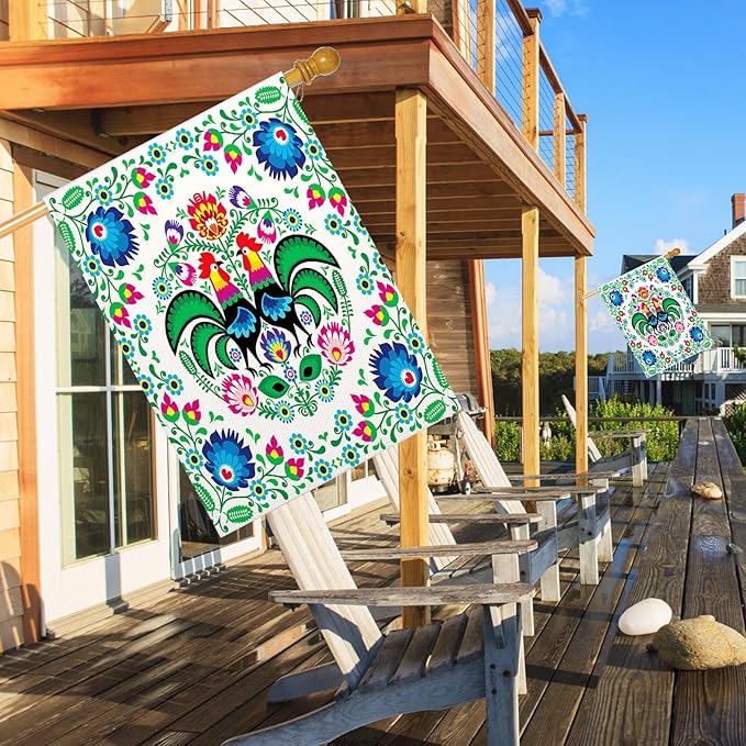 Mugod Rooster House Flag 28 x 40 Vertical Double Sided, Polish Floral Folk Art Colorful Flowers Leaves Farmhouse Holiday Outside Decorations Large Burlap Yard Flag