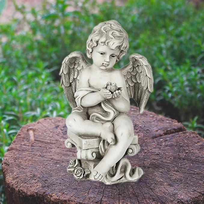 Fenteer Heavenly Statue for Outdoor Lawn Decoration, Angel Holding Bird, 22x34cm