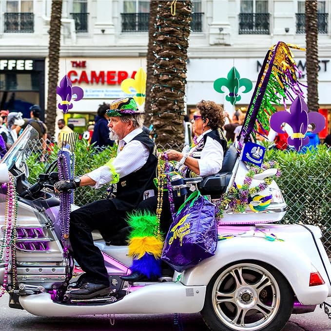 Thyle 6 Pcs Large Mardi Gras Decorations Outdoor 12.6"x12.6" Mardi Gras Hanging Ornaments Yard Fleur De Lis Sign Double Sided Gold Green Purple Porch Sign for Front Door Home Masquerade Party Decor