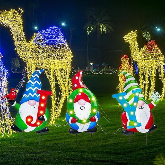 WONDER GARDEN Christmas Yard Stakes, 3 PCS Metal Yard Signs, Xmas Gnomes with Joy and Led Light Christmas Yard Decorations for Lawn Party Decorations
