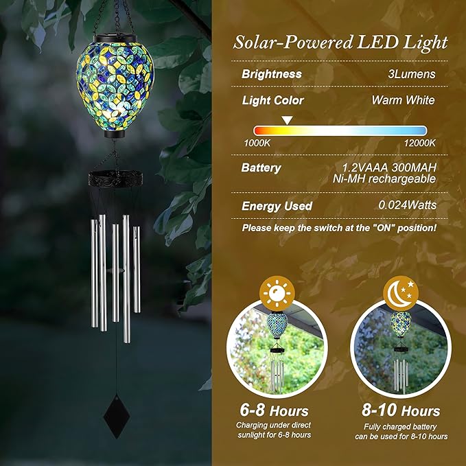 Glitzhome 26" H Garden Wind Chimes Outdoor, Solar LED Outdoor Garden Lighting with Unique Memorial Sympathy, Solar Hanging Glass Ball Wind Chimes for Patio, Garden, Outdoor Home Decor