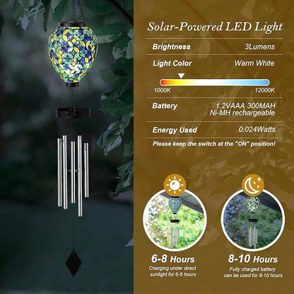 Glitzhome 26" H Garden Wind Chimes Outdoor, Solar LED Outdoor Garden Lighting with Unique Memorial Sympathy, Solar Hanging Glass Ball Wind Chimes for Patio, Garden, Outdoor Home Decor