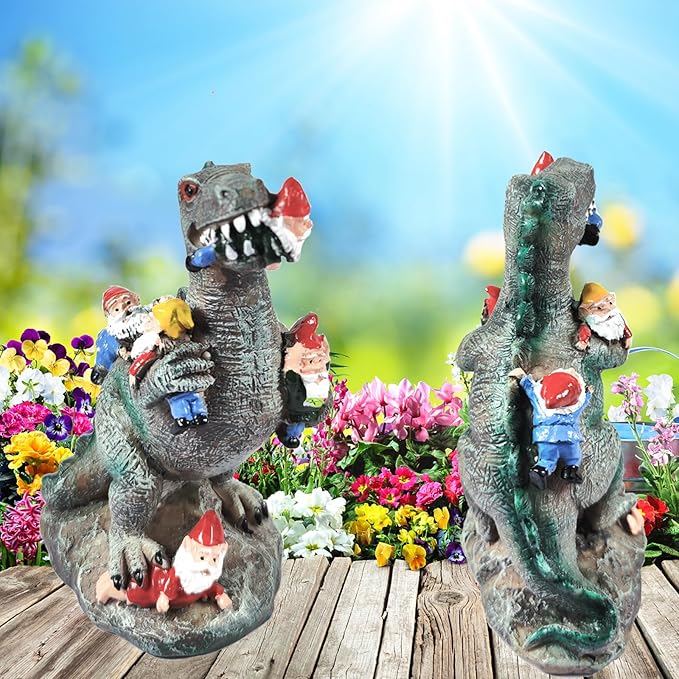 1pcs Funny Dinosaur Eat Gnome Green Resin Statue, 5.91 Inch High, Painted, Tabletop, Whimsical Retro Christmas Dinosaur Gnome Garden Statue Decoration for Indoor Yard Patio Lawn Landscape