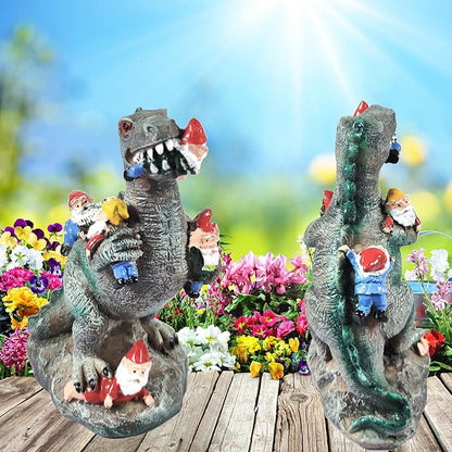 1pcs Funny Dinosaur Eat Gnome Green Resin Statue, 5.91 Inch High, Painted, Tabletop, Whimsical Retro Christmas Dinosaur Gnome Garden Statue Decoration for Indoor Yard Patio Lawn Landscape