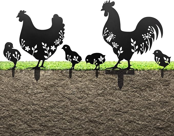 6Pcs Chicken Yard Art Garden Metal Statue Decor, Lifelike Rooster Hen Animals Stakes Outdoor Decorations, Black Hollow Out Chickens Family Silhouette Sets for Farmhouse Pathway Lawn