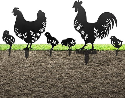 6Pcs Chicken Yard Art Garden Metal Statue Decor, Lifelike Rooster Hen Animals Stakes Outdoor Decorations, Black Hollow Out Chickens Family Silhouette Sets for Farmhouse Pathway Lawn