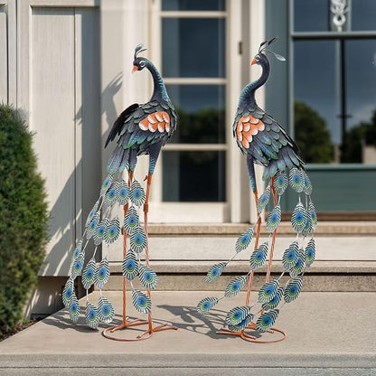 Extra Large Metal Peacock Garden Decor- Handmade 38" Standing Peacock Statue with Stable Ground Stakes, Backyard Decoration, Metal Garden Art Sculptures