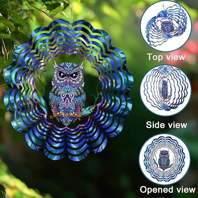 Wind Spinner Mandala 12 inch 3D Stainless Steel Laser Cut Metal Art Geometric Pattern Hanging Wind Spinner (owl)