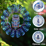 Wind Spinner Mandala 12 inch 3D Stainless Steel Laser Cut Metal Art Geometric Pattern Hanging Wind Spinner (owl)