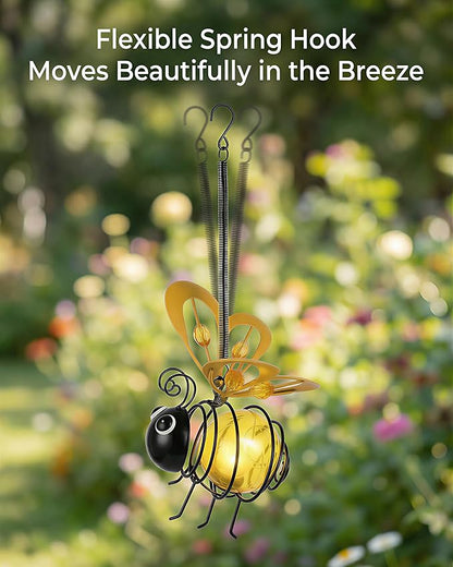 2-Pack Solar Hanging Bee Lights Outdoor Garden Decor, Metal Cute Patio Yard Art Tree Decoration, Birthday Gifts for Women Mom Mother’s Day Father’s Day (Bee, 2)