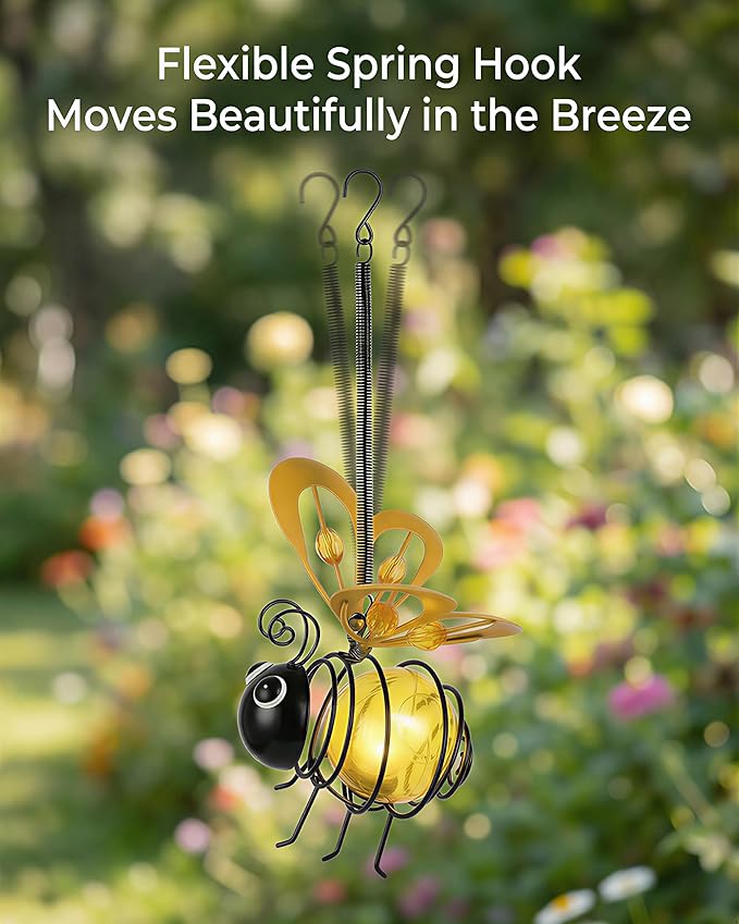 4Pcs Hanging Solar Bee Lights for Outdoor Garden Decor - Metal Bouncing Yard Art, Unique Mother's Day, Father's Day & Birthday Gifts for Women and Mom (Bee, 4)