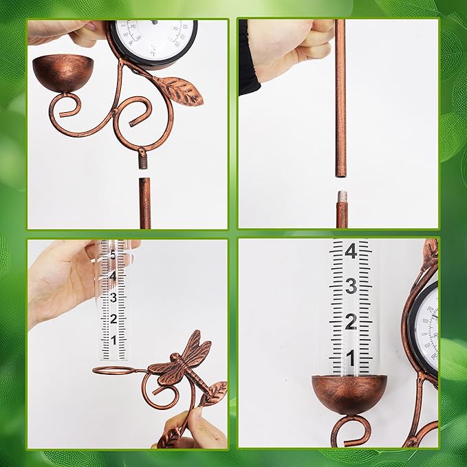 Dragonfly Rain Gauge Garden Decor, 32" Thermometer Patio Decor, 7" Capacity Rain Gauge Replacement Tube Glass, Outdoor Temperature Patio Decor