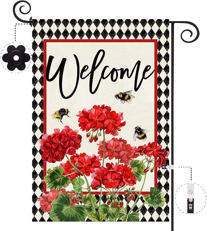 Baccessor Spring Summer Geranium Welcome Garden Flag Double Sided Summer Bee Red Floral Buffalo Plaid Small Burlap Yard Flag House Seasonal Farmhouse Outside Outdoor Decoration 12.5 x 18 Inch