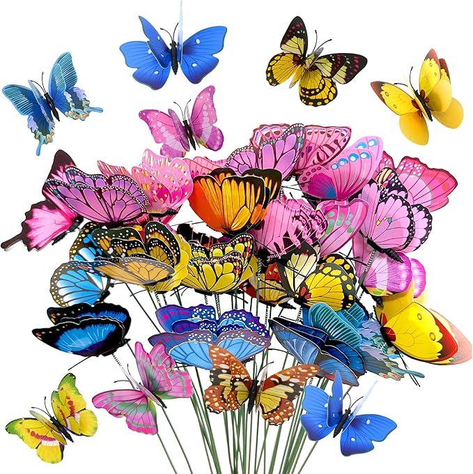 40 Pcs Butterfly Stakes, Decorative Garden Stakes, 3D Colorful Double Wings with Bendable Stick, Artificial Butterflies for Flower Bouquet Crafts, Plant Stake for Patio Yard Pot, Party Decor