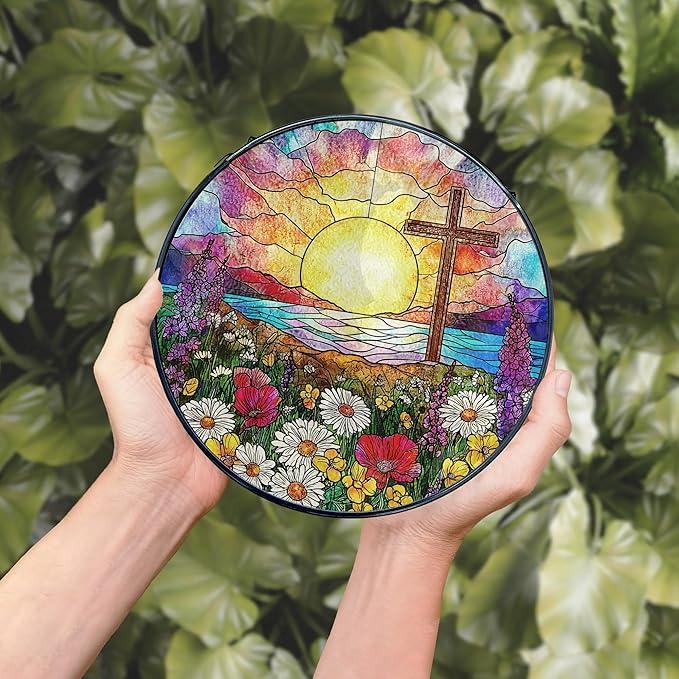 Cross Flower Stained Glass Window Hanging, Cross Suncatchers, Wildflower Christian Easter Sun Catchers Indoor Window Round Glass Wall Art Hanging Decorations, 7.9x7.9in
