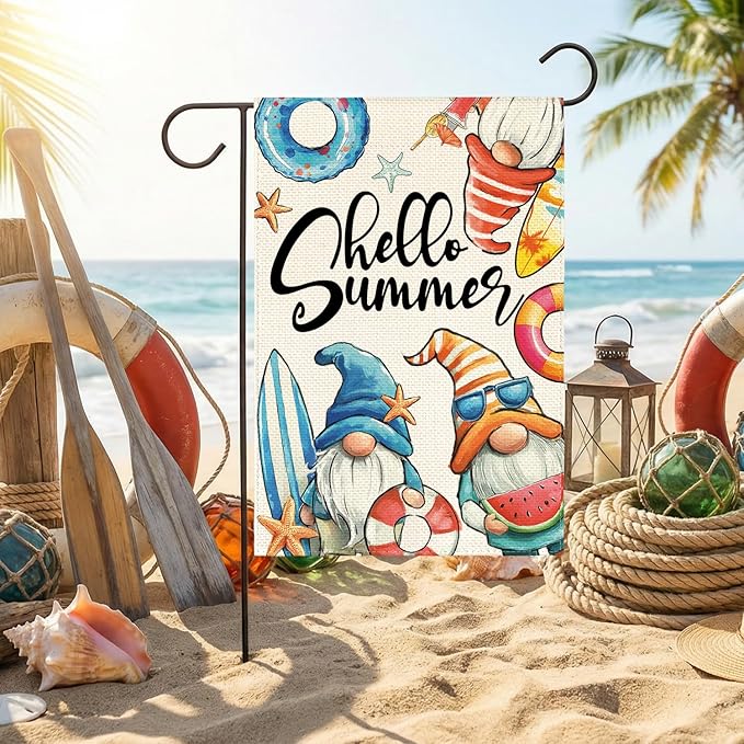 AVOIN colorlife Hello Summer Gnomes Garden Flag 12x18 Inch Double Sided, Coastal Seasonal Holiday Burlap Yard Outdoor Decoration