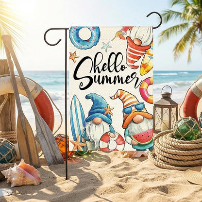 AVOIN colorlife Hello Summer Gnomes Garden Flag 12x18 Inch Double Sided, Coastal Seasonal Holiday Burlap Yard Outdoor Decoration