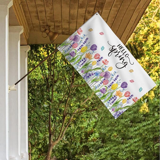 AVOIN colorlife Hello Spring Tulip Lavender House Flag 3x5 FT Double Sided, Seasonal Flower Large Banner Yard Outdoor Flag