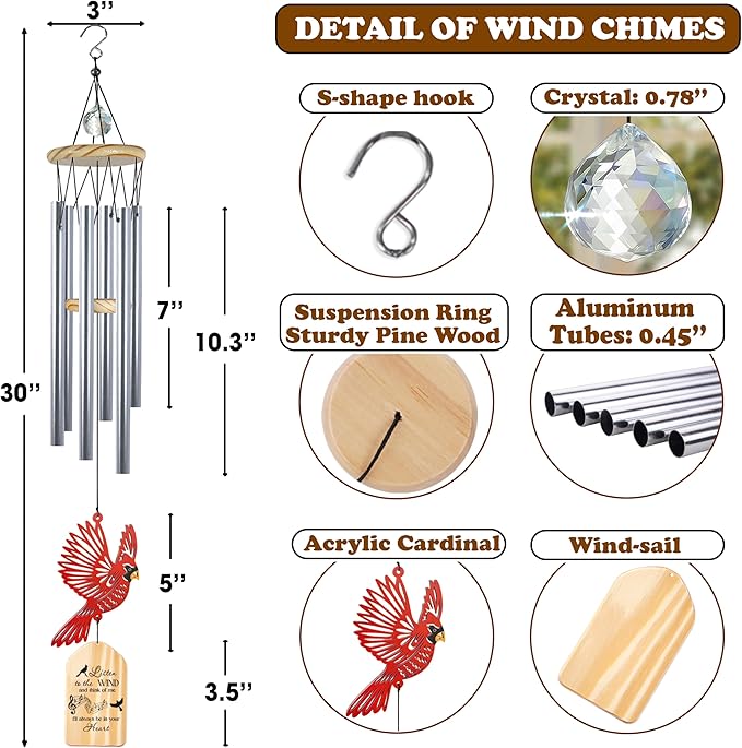 30'' Memorial Crystal Wind Chimes Loss of Mom Dad Grandparent Sympathy Cardinal Bird Keepsake Weatherproof Windchime Remembrance Gift in Memory Loved Ones for Window Outdoor Garden Decor HW2-RN