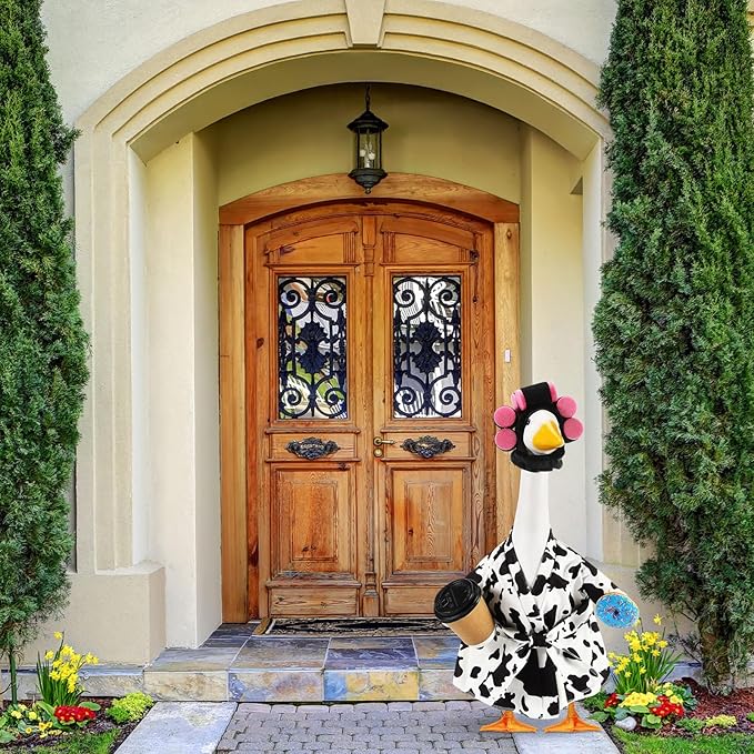 Shyyween Lady Porch Goose Outfit for 23'' Cement Plastic Lawn Goose Statue Clothes Cow Pattern Bathrobe Coffee Cup Curlers for Outdoor Garden Yard Patio Decoration