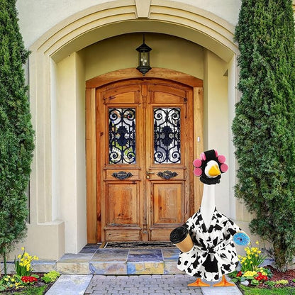 Shyyween Lady Porch Goose Outfit for 23'' Cement Plastic Lawn Goose Statue Clothes Cow Pattern Bathrobe Coffee Cup Curlers for Outdoor Garden Yard Patio Decoration