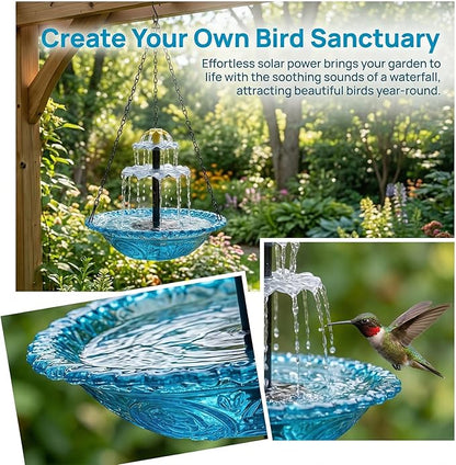 Solar Cascade Hanging Bird Bath Fountain, 2026 New Solar Fountain for Bird Bath Hanging Solar Bird Bath Fountain with Solars Pump & Bowl Decorative Garden Yard Patio (Blue)