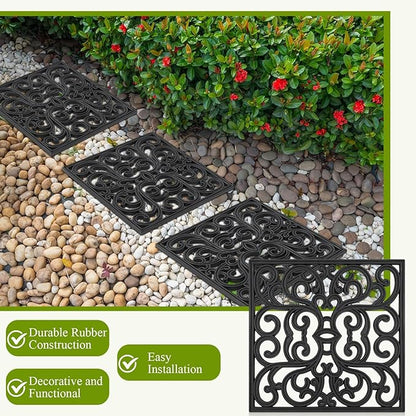 Pangda 8 Pcs Rubber Stepping Stones Outdoor Garden Walkway, 12 x 12 Inch Heavy Duty Pathway Pavers Retro Decorative Stepping Stones for Outside Landscaping Yard Lawn Path(Black,Scroll Square)