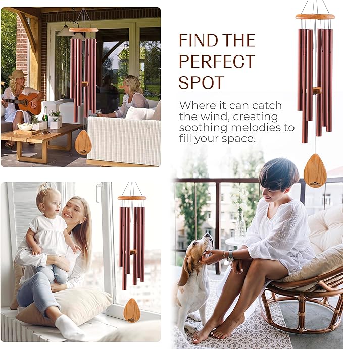 UpBlend XL Wind Chimes for Outside Gift – Deep Tone Wind Chime with Decorative Stone – Porch & Patio Decor, Elegant Outdoor Ornament, Garden Gifts. 38” Brown.