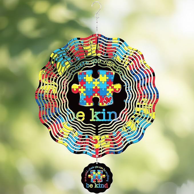 Hanging Wind Spinners Outdoor - Autism Metal 3D Wind Spinner 12 Inch Kinetic Spinning Decor for Patio Lawn Garden Indoor Balcony Stainless Steel Ornaments Art Gifts for Women Men Friends