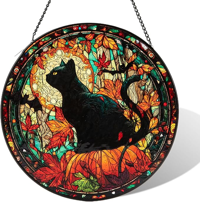 Stained Glass Window Hanging, Halloween Decorations Black Cat Maple Leaf Suncatcher for Doors Garden Indoor Funny Spooky Sun Catchers Gothic Decor for Women, Men, and Mom 7.8 in