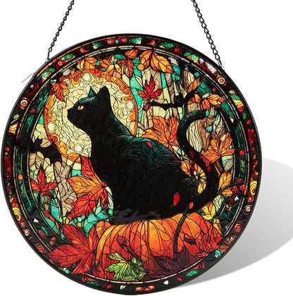 Stained Glass Window Hanging, Halloween Decorations Black Cat Maple Leaf Suncatcher for Doors Garden Indoor Funny Spooky Sun Catchers Gothic Decor for Women, Men, and Mom 7.8 in