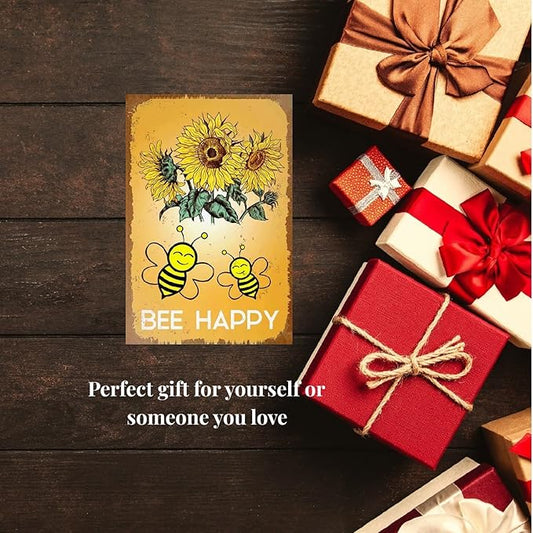 Funny Flowers Metal Sign, Metal Country Rustic Tin Sign, Sunflowers Bee Happy, Yard Sign Garage Farm Outside Garden Wall Decor Sign Plaque Outdoor for Home Fence 8 X 12 Inch