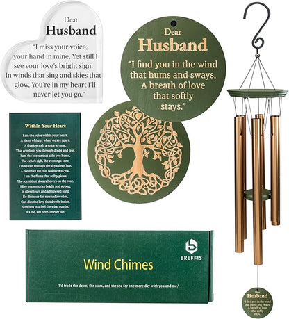 Memorial Wind Chime for Loss of Husband, 31" Wooden Sympathy Wind Chime for Outside, in Memory Bereavement Condolences Remembrance Sympathy Gift for Funeral, Sentimental Memorial Gift for Family