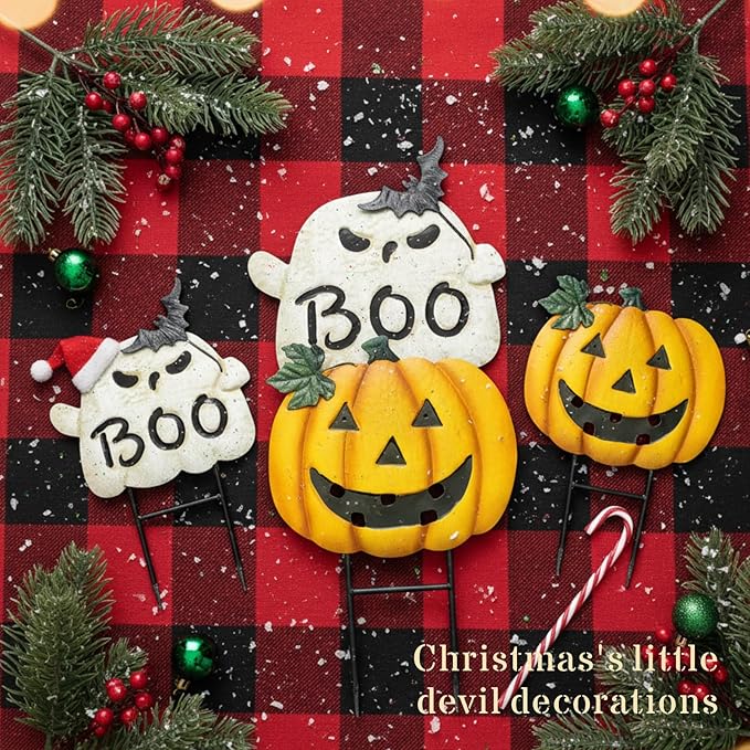 Metal Halloween Yard Stakes, Halloween Decorations Outdoor with Ghost Pumpkin, Jack-o-Lantern Stacked Garden Stakes Lawn Gift for Party Pathway Porch Patio Decor, 25“