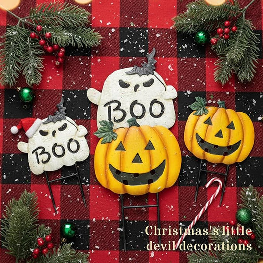 Metal Halloween Yard Stakes, Halloween Decorations Outdoor with Ghost Pumpkin, Jack-o-Lantern Stacked Garden Stakes Lawn Gift for Party Pathway Porch Patio Decor, 25“