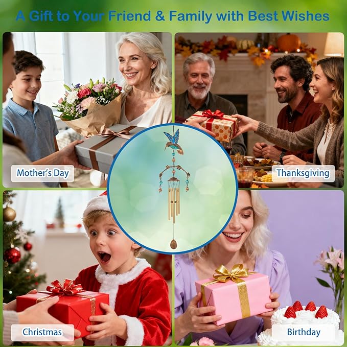 Wind Chimes - Blue Hummingbird Wind Chimes for Outside Deep Tone 34 inches 5 Aluminum Tubes, Birthday, Memorial, Hummingbird Gifts for Mom, Grandma, Decorations for Home, Garden, Patio, Backyard