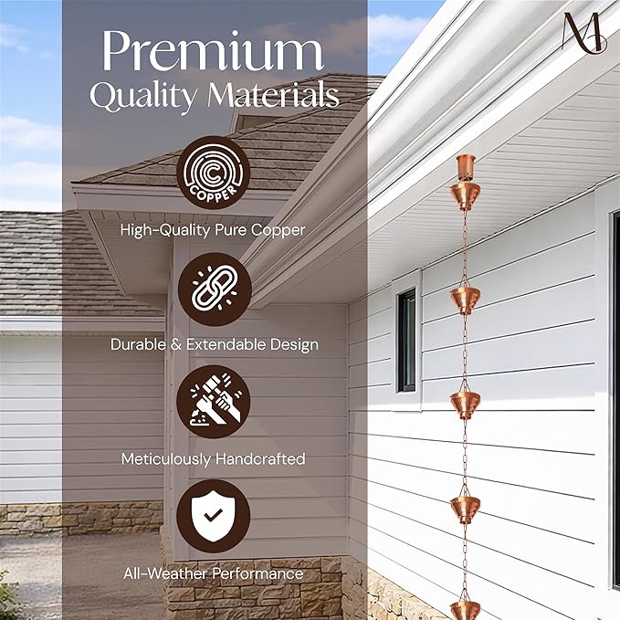 Monarch Rain Chains Pure Copper Siam Rain Chains for Gutters – 8.5 ft Decorative Rainchain Outdoor Durable Heavy Duty Gutter Chain Downspout Replacement, Modern Rainchains for Outside