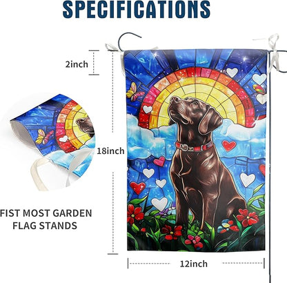 Stained Glass Chocolate Lab Garden Flag for Outside 12x18 Double Sided Rainbow Bridge Labrador Dog Bereavement Pet Sympathy Gift Memorial Yard Banner Small