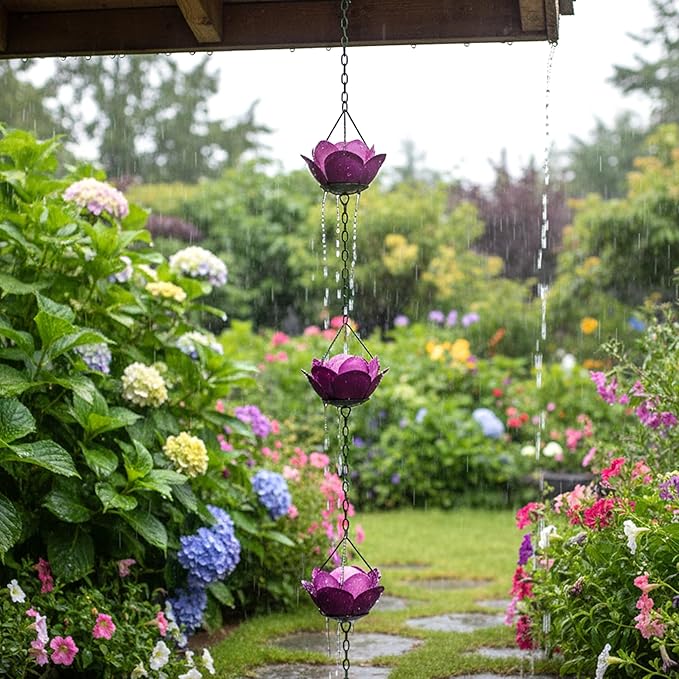 Kroc4vani 5.9ft Rose Rain Chain for Gutters Outside - Rain Chain with 8 Purple Rose Cups Adjustable Hanging Gutter Downspout Replacement for Eaves Drainage, Functional Decorative Outdoor Use